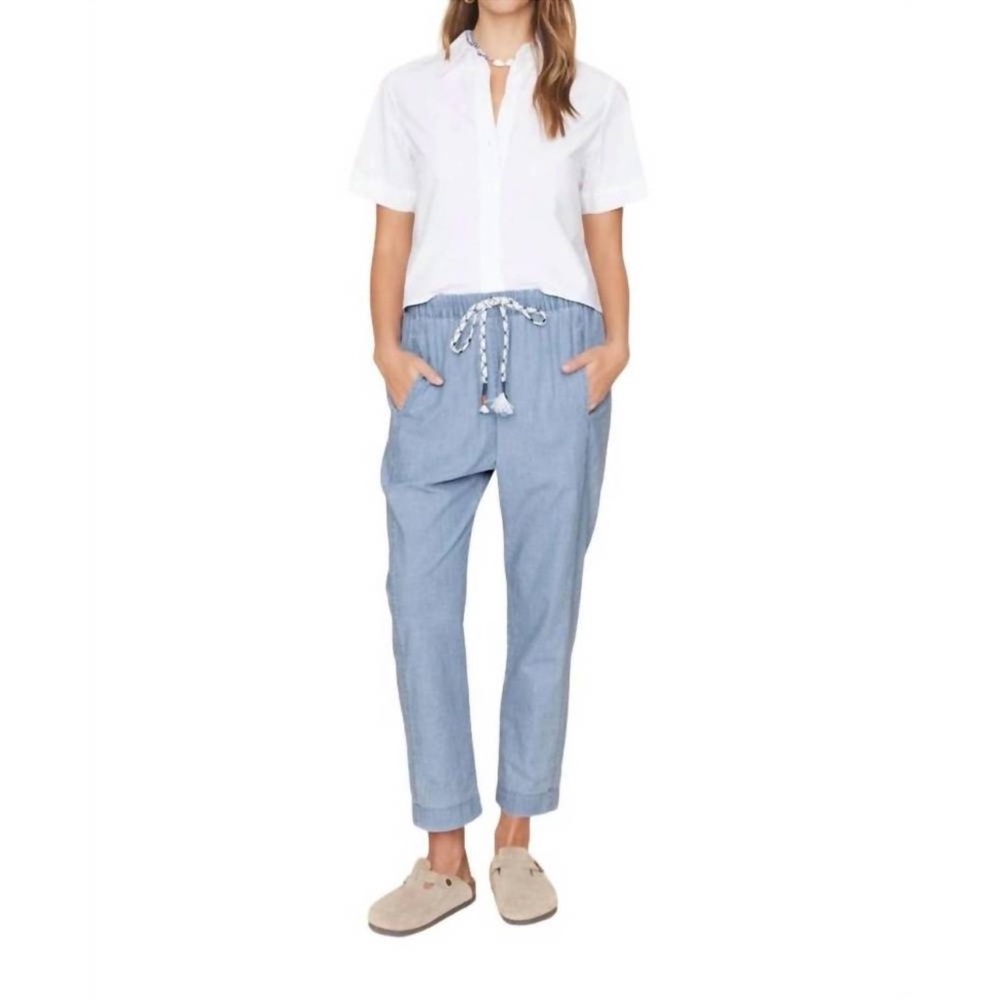 Xirena “Draper” pant in dusty blue chambray 100% cotton lightweight pull on